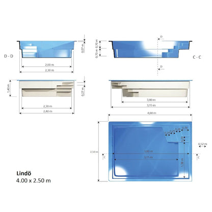 Glasfiberpool paket Lindö 4x2,5x1,41m med pooltak och värmepump