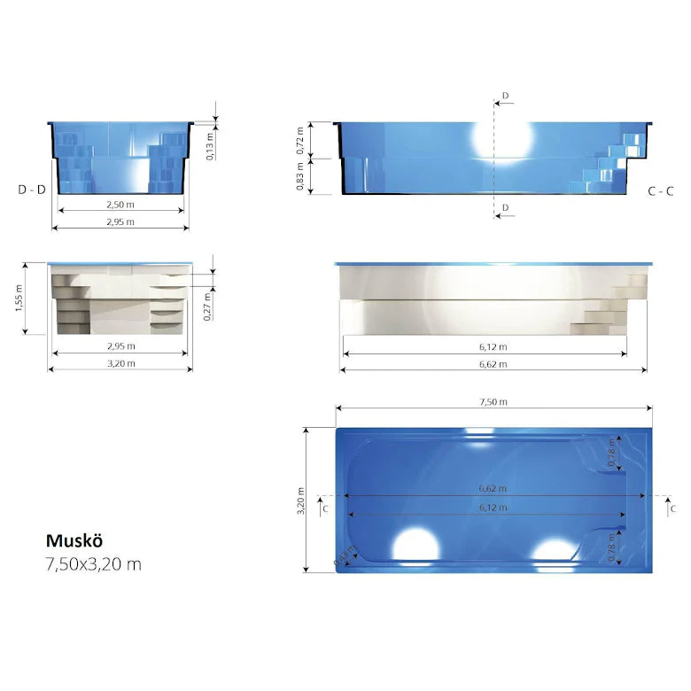 Glasfiberpool paket Muskö 7,5x3,2x1,51m